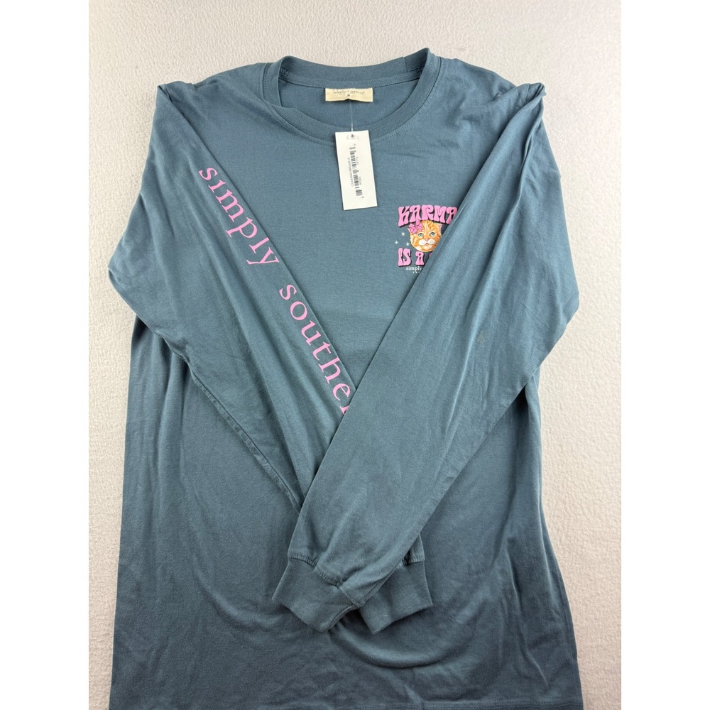 Simply Southern Karma Is A‎ Cat Long Sleeve Graphic T-Shirt Blue Small NWT Flaws